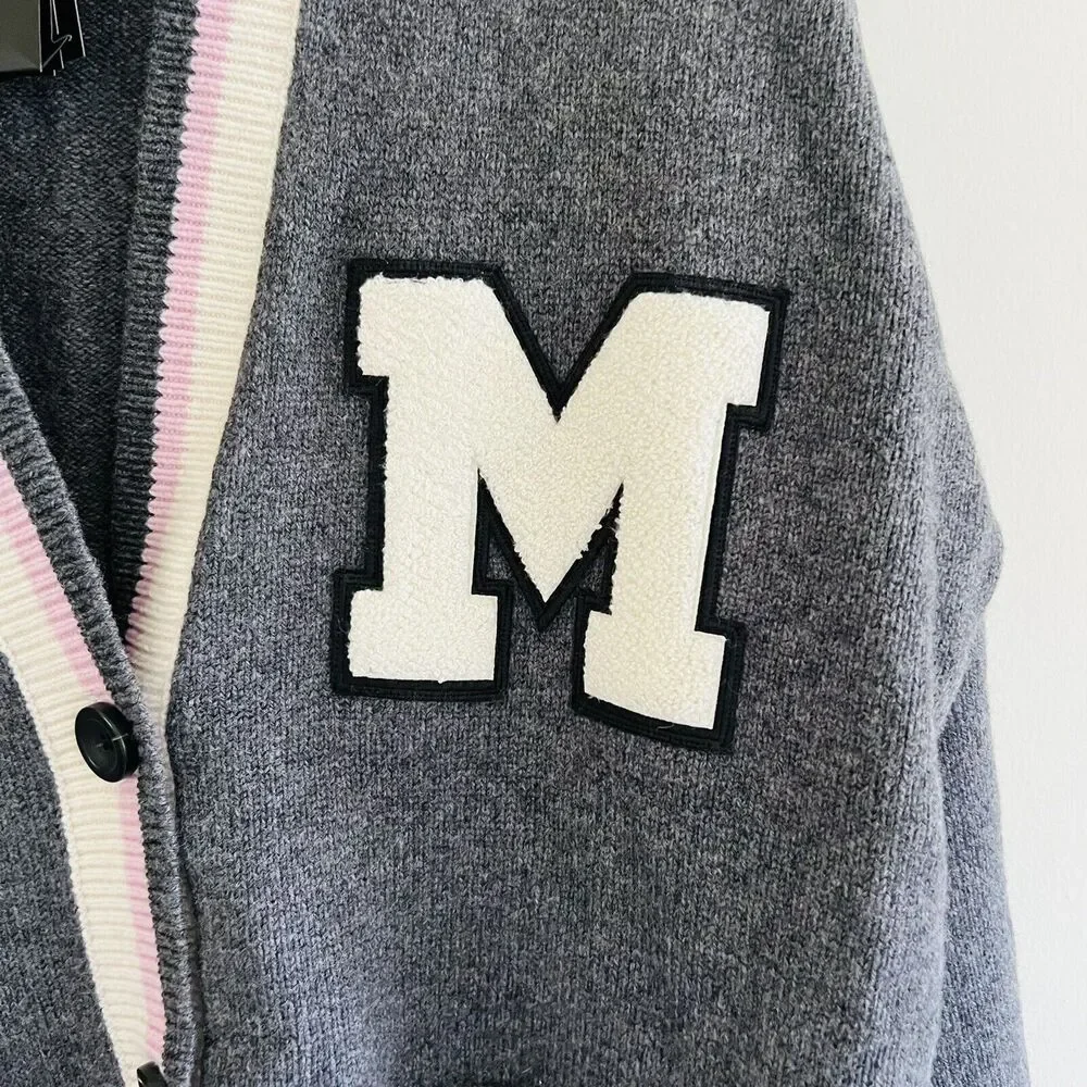 MAJE Charcoal Gray College Cardigan With M Patch - 1 (Small)